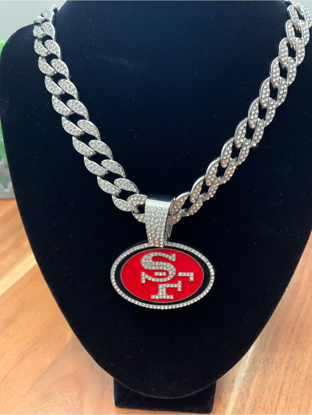 NFL San Francisco 49ers Cuban Link Necklace with Red SF Pendant